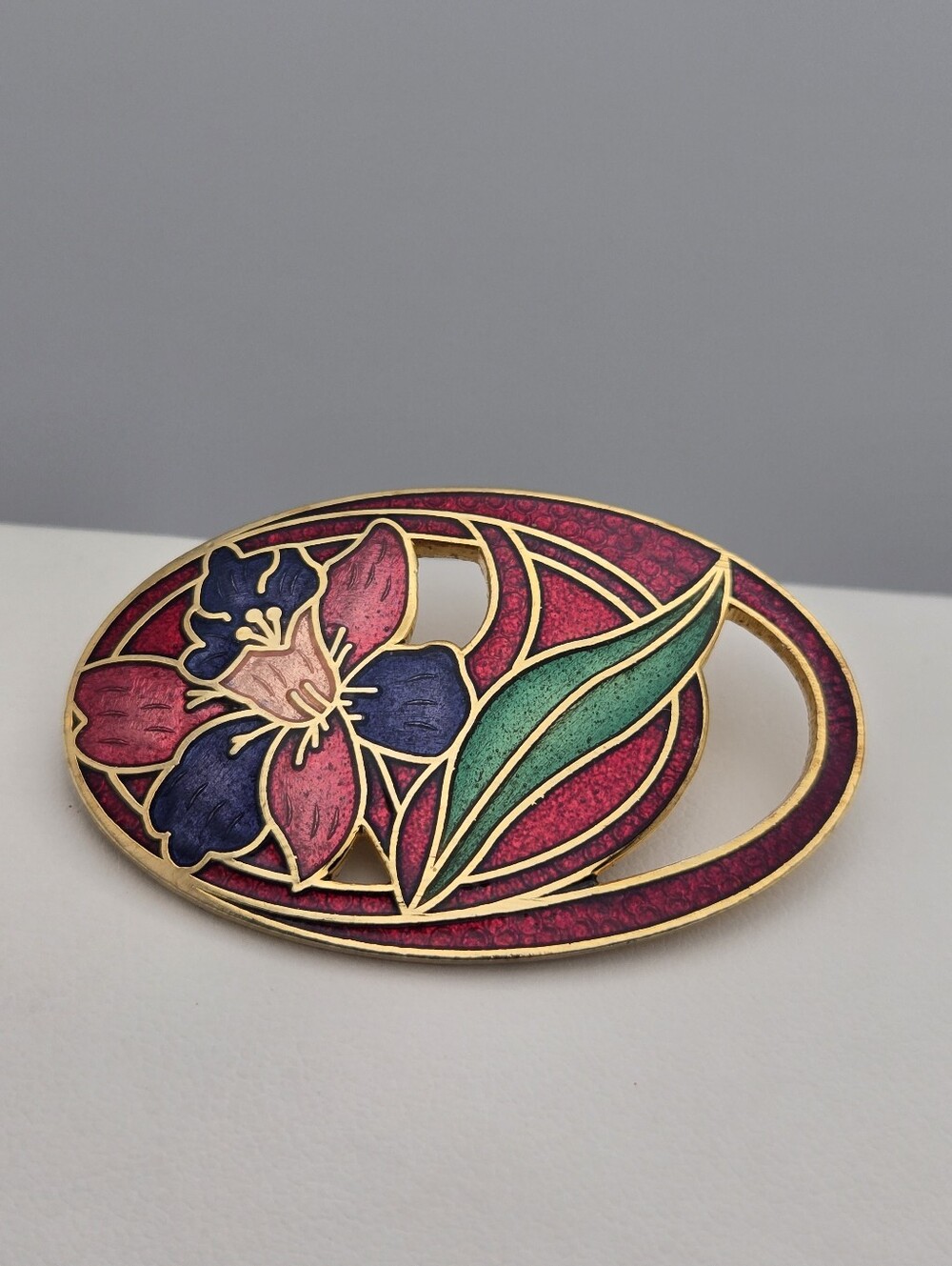 Cloisonné Enamel Floral Brooch Magenta Indigo Green Gold-Tone Statement Pin 1.75